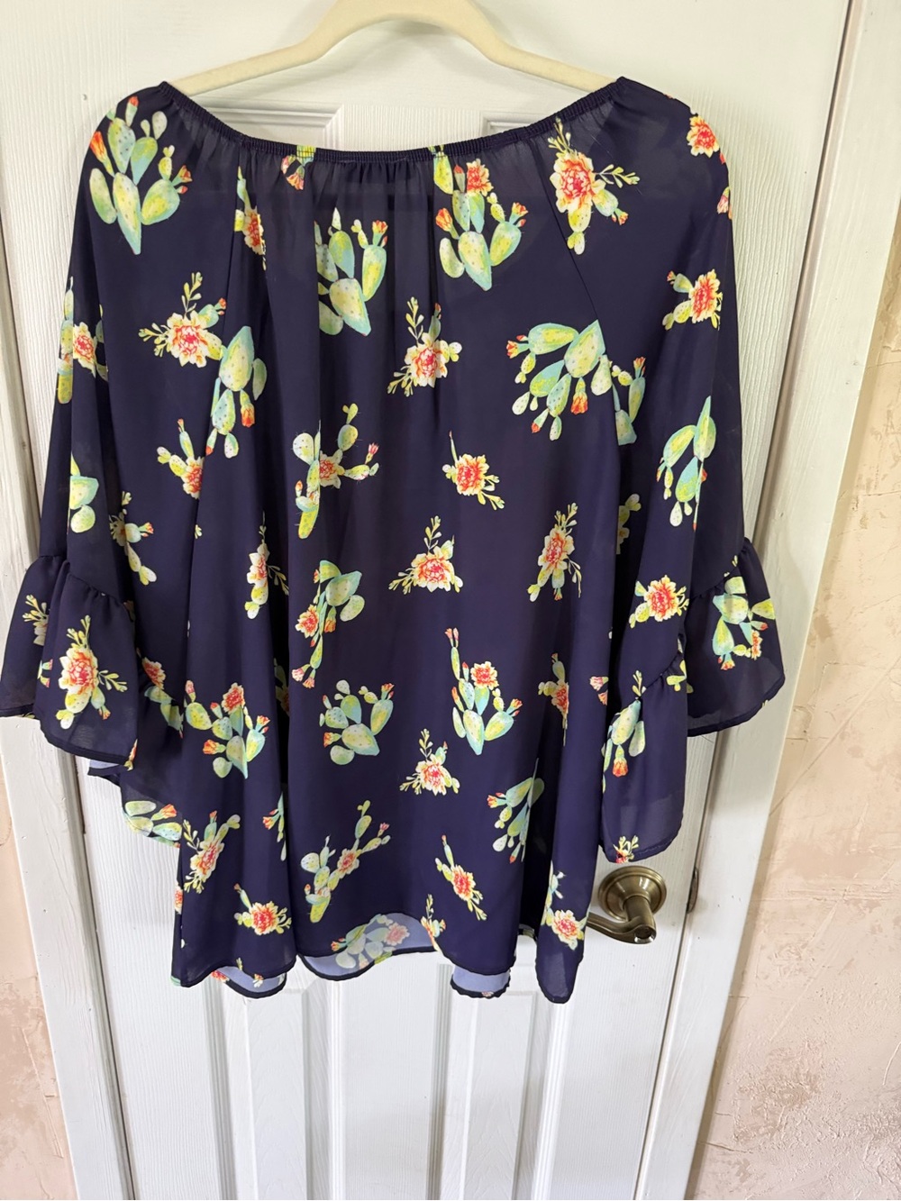 Floral Navy Off-Shoulder Peasant Blouse with Ruffle Sleeves - Picture 2 of 4